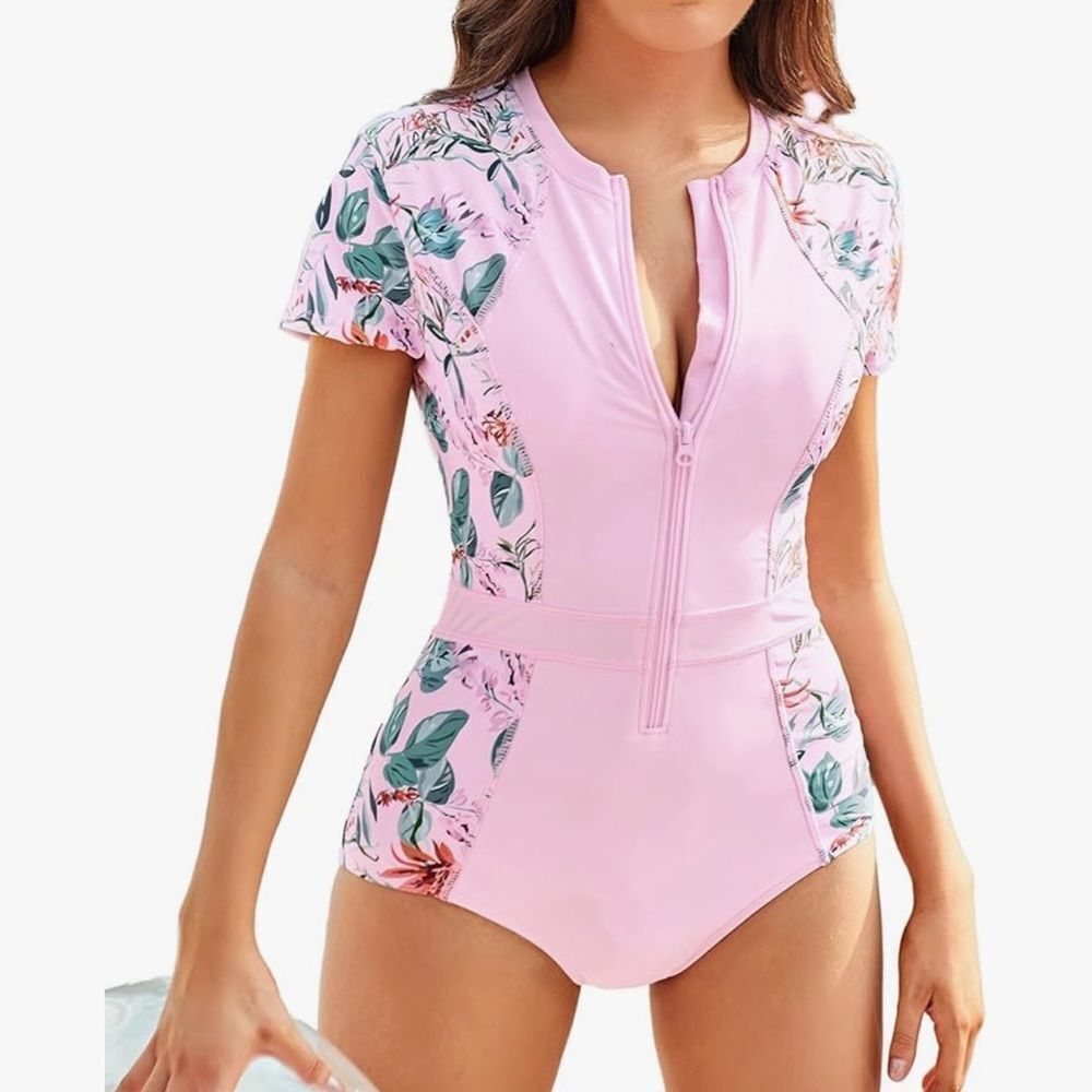 Grace Karin One Piece Bathing Suit Pink Short Sleeve 2XL
